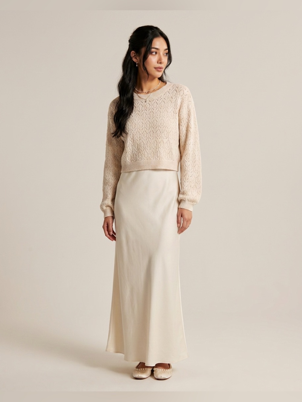 Boutique Cream Pointelle Knit Cropped Crewneck Sweater